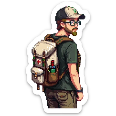 adventurer with goatee beard (no beard on cheeks), short hair, glasses, backwards baseball cap and backpack sticker