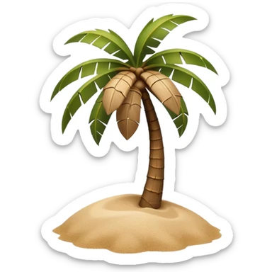 A 3D cartoon coconut palm tree with coconuts near the top and a sandy base, tropical light setting, Memoji-style realism. sticker