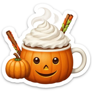 Steaming coffee Mug with whipped Cream and cinnamon Dust on Cream.  Small Punkin and 3 sticks of cinnamon next to mug sticker