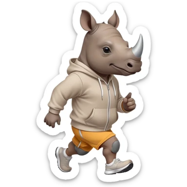 friendly anthropomorphised rhino jogging upright, wearing a hoodie and shorts, dark sunglasses, relaxed pose sticker