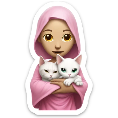 Reptilian alien woman, in meditation pink dress hugs a white cat sticker