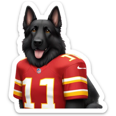 long haired black German shepherd dog wearing number 1 Kansas City Chiefs jerseys  sticker