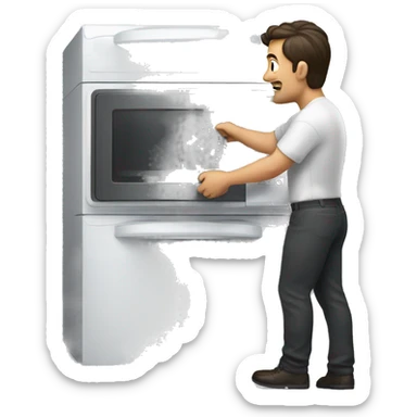Man putting away a microwave  sticker