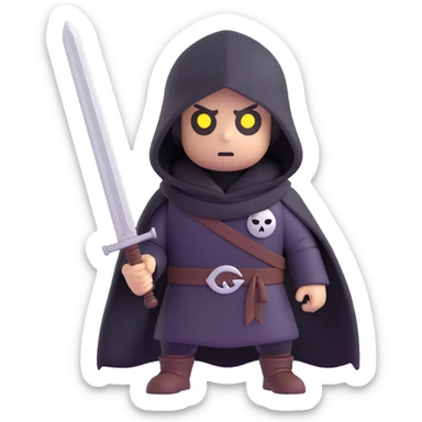 mysterious dark figure with glowing white eyes, wearing a hood, with a sword on its back, 3D Emoji style sticker