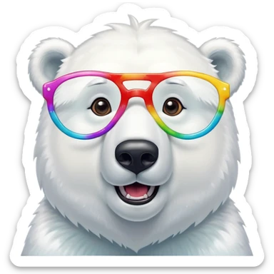close up headshot of a friendly anthropomorphised polar bear with excited expression wearing large multicolored star-shaped glasses sticker