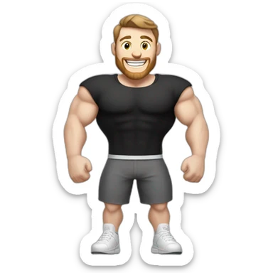 Joyful Celebrating victory Pale skinned Fit Man With the biceps and dark brown hair in black shirt, gray sports shorts and white Sneakers sticker