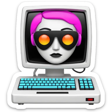 White and black 80s computer with face sticker