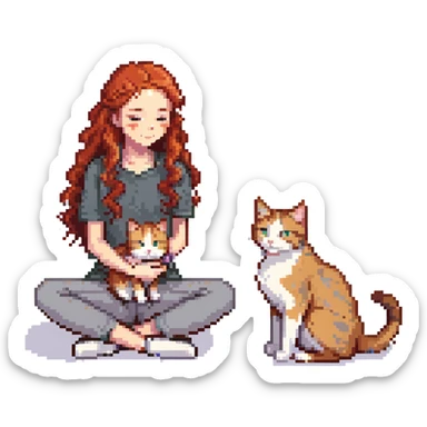 Remix: Beautiful girl with long curly red hair, inspired by the reference, petting a gray and blonde mixed cat, pixel art style, girl sitting cross-legged, cat curled beside her sticker