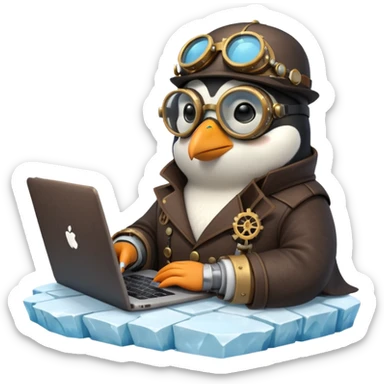 an steampunk engineer penguin writing code on a laptop, on an iceberg sticker