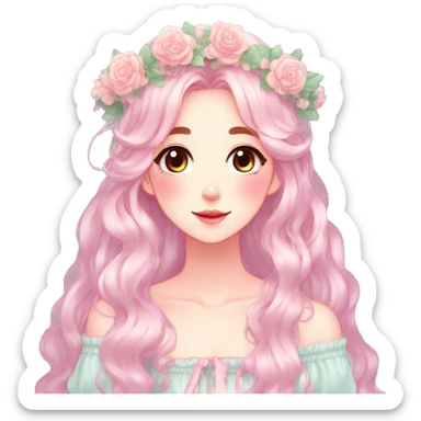 Shiny Gorgeous Pastel Anime Lady with blushing face and pretty hair with a flower crown pastelcore kawaii cottagecore fairycore aesthetic trending style sticker