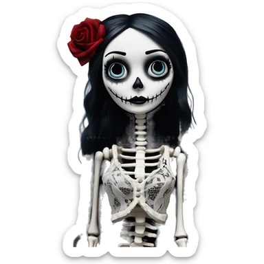 full height skeleton body, tim burton "corpse bride", thin porcelain doll with a cracked face, goth makeup watery eyes, long hair, lace and ruffles, lolita style, inked, black and white, red roses sticker