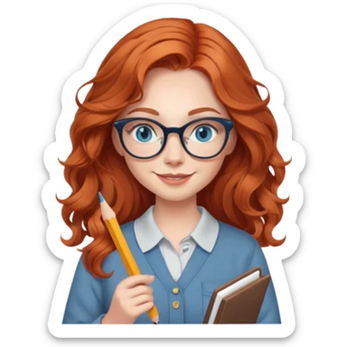 redheaded woman with long wavy hair, blue eyes, cat-eye glasses, casual outfit, holding a pencil, smiling sticker
