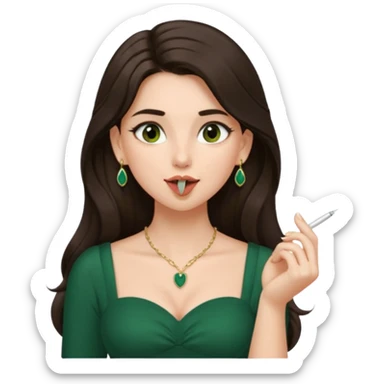 pretty bratz genmoji that looks like tamannah bhatia (bollywood actress), wearing a dark green sweetheart neckline top, dark brown hair, light makeup, no necklace, dangly earrings, SIDE hair part, fair. dark brown eyes, long hair

Show her licking her finger  sticker