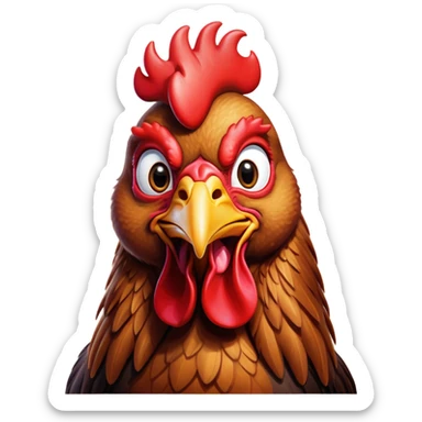 Cinematic Comical Brown Rooster Portrait Emoji, Head tilted dramatically with an exaggeratedly amused expression, featuring a striking, glossy brown plumage with a bold red comb, wide, expressive warm eyes filled with playful disbelief, Simplified yet hilariously expressive features, highly detailed, glowing with a slightly sassy glow, high shine, dramatic yet playful, stylized with an air of cheeky mischief, bright and endearing, soft glowing outline, capturing the essence of a spirited and over-the-top rooster, so meme-worthy it feels like it could crow its way into internet fame instantly! sticker