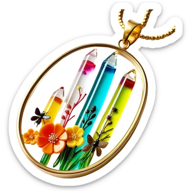 Create an icon that represents decorative arts using epoxy resin. The design should feature colorful tubes of resin, including fluorescent resin tubes, with visible drops or strokes of resin being applied to create intricate designs. Include finished resin jewelry pieces, such as pendants or rings, containing preserved flowers and insects encased in clear resin. The composition should feel vibrant, artistic, and delicate, showcasing the unique beauty of resin art with natural elements. The background should be transparent sticker