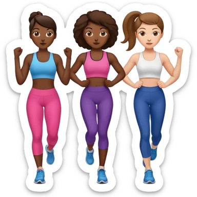 three women friends exercising together, one black woman with brown hair, two white women with brown hair sticker
