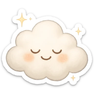 serene puffy cloud character with soft smile, closed eyelids, and shimmering sparkles, radiating calm and peace sticker