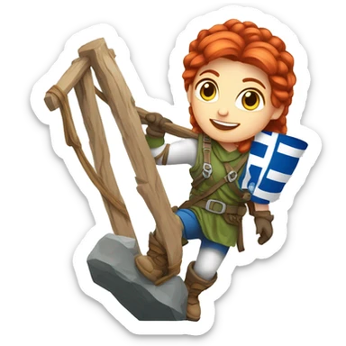 Greek Female winter mountaineer red hair white skin climbing with Greek Flag and Easter eggs basket sticker