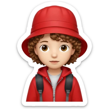 Little student brown curly hair, wears red bucket hat and jacket, backpack, shy sticker