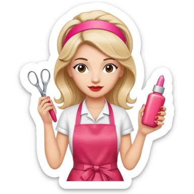 Female hairdresser with headband, wearing red apron, holding pink nail polish bottle and scissors, beauty salon employee sticker