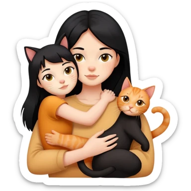 A black-haired girl hugs a ginger cat and A black cat sticker