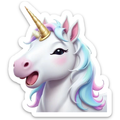 Cinematic Cute Yawning White Unicorn Portrait Emoji, Head tilted slightly with a dramatic, wide-open yawn, showcasing a softly elegant form with a gently cascading mane, a subtly glowing horn and sleepy, half-closed eyes, Simplified yet irresistibly adorable features, highly detailed, glowing with a soft, cozy magical glow, high shine, relaxed yet expressive, stylized with a dash of whimsical enchantment, soft glowing outline, capturing the essence of a drowsy yet affectionate white unicorn that appears ready to stretch and yawn its way out of the screen! sticker