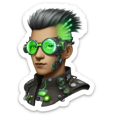 Mohawk hair with neon green highlights Asian male cyborg head with neon silver steampunk goggles and circuits sticker
