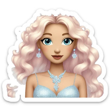 Gorgeous pastel Lady with blue eyes in a sparkly shiny dress with tiara and necklace and flowers aesthetical and trending  sticker