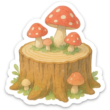 a tree stump cake topped with mushrooms, forest dessert concept, soft pastel colors, ghibli style sticker