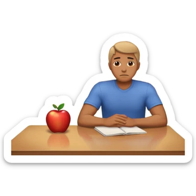 a man sits sadly at a table, a house is burning behind him, apple style emoji sticker