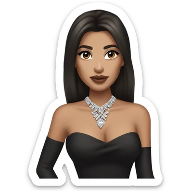 Brunette woman pale tan skin tone. Blowdried layered bouncy. Diamond earrings and necklace big lips. Kim k and kylie look alike. Black elegant dress sticker