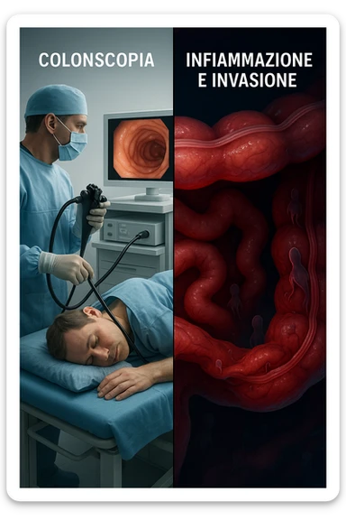 A split-screen medical illustration in cinematic style: on the left side, a doctor performing a colonoscopy on a patient in a sterile clinic, with the endoscopic camera displaying clean, healthy mucosal surfaces on a screen. On the right side, a symbolic cross-section of the same intestine — but shown in deeper layers beneath the surface, where parasitic organisms (small, translucent or shadowy figures) hide between folds and tissues not visible via standard scope. The contrast is clear: what is seen vs. what remains hidden. Lighting on the left is bright, sterile, clinical; lighting on the right is darker, with red and blue tones to suggest inflammation and invasion. Shot in hyper-realistic 3D medical style, educational but emotionally charged IN ITALIANO sticker