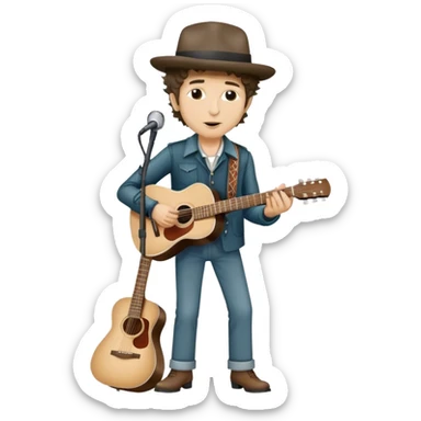 Icon for Folk Music: Bob Dylan with his harmonica and acoustic guitar, performing with his band on stage. The atmosphere should be intimate and nostalgic, capturing the soul of folk music with simple instruments and natural vibes. Transparent background. sticker