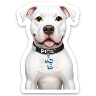 White pitbull with a collar that spells out Ice sticker