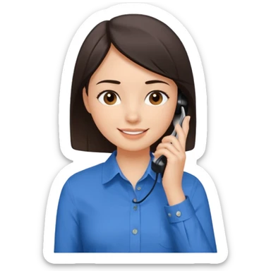 generate a pretty fair bratz girl with dark brown eyes. Dark brown hair straight short hair. tight blue button up shirt with top shirt open.  Talking on the phne sticker