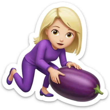 Blonde girl, crawling away from eggplant sticker