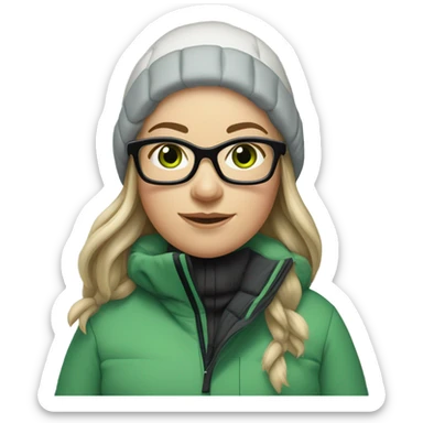 Green-eyed, slightly overweight female skier with long straight hair, glasses, light grey snow jacket, long black pants, black only snow boots, wearing black skis standing tall. sticker