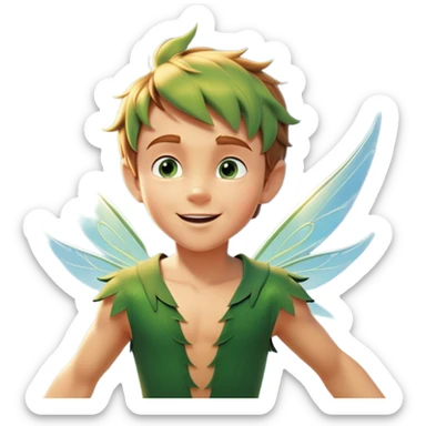 cinematic-realistic-peter-pan-portrait, head tilted dramatically with an exaggeratedly amused expression and sparkling eyes brimming with playful mischief, his iconic outfit rendered in vivid detail with dynamic shadows, soaring through the air. Next to him is a glowing Tinker Bell, whose delicate wings leave a trail of shimmering pixie dust across a whimsical sky. sticker