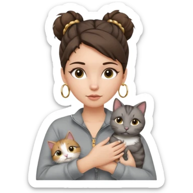 a white girl with brunette hair in a messy bun holding a grey cat. the girl has long lashes and has on a grey zip up that is half way zipped and under a white shirt and gold jewelry that is hoop earrings and gold bracelets. sticker