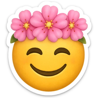 yellow face with pink flower crown emoji, digital illustration, remove background sticker