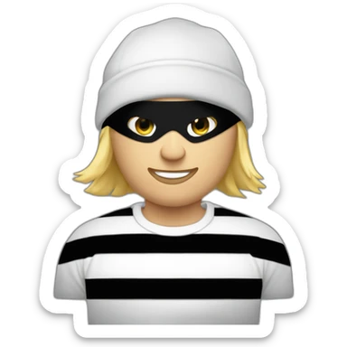 robber with blonde hair wearing a black beanie and a long sleeved white and black horizontally striped t-shirt and wearing black eye mask and a bag of money in his shoulder sticker