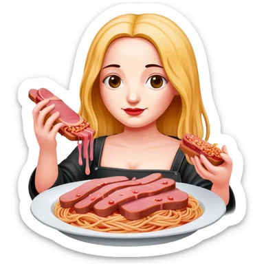 Monalisa holding SPAM meat melted pink dripping sauce spaghetti  sticker
