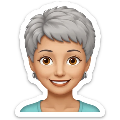 woman 50 years old, very short grey fluffy hair, tannes skin and brown eyes sticker