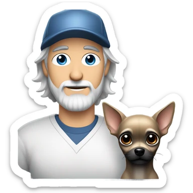Handsome blue eyed man, with grey hair, and grey goatee beard, wearing ball cap and holding a long haired black chihuahua sticker