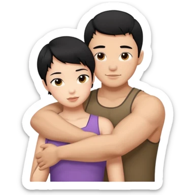 buff Asian Man black hair hugging girl with black pixie cut  sticker