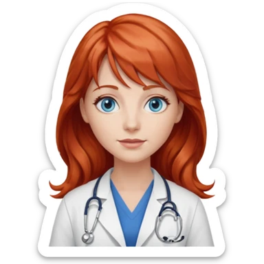 female doctor with long wavy red hair, blue eyes, and bangs sticker