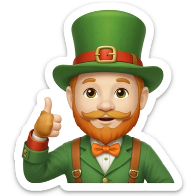 leprechaun looking up, and giving a thumbs up. on his left hand, he is holding his waist. change the hat band with orange band and a red belt. change the facial hair to white. on his mouth, he is smoking a red pipe. the pipe is on his lip. sticker