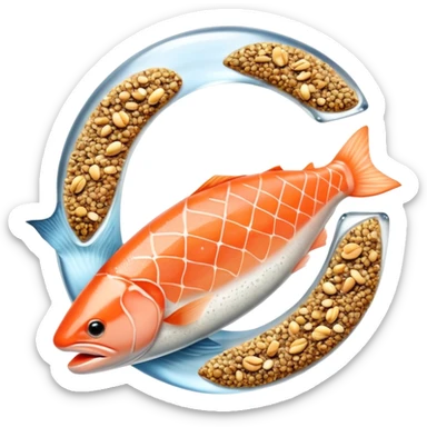 Floating arrangement of omega-3 rich foods: fresh salmon fillets, walnuts, flaxseeds, chia seeds and omega-3 capsules, all emitting a soft golden glow. The foods orbit around a central shimmering omega symbol, with gentle flowing energy connecting them. sticker