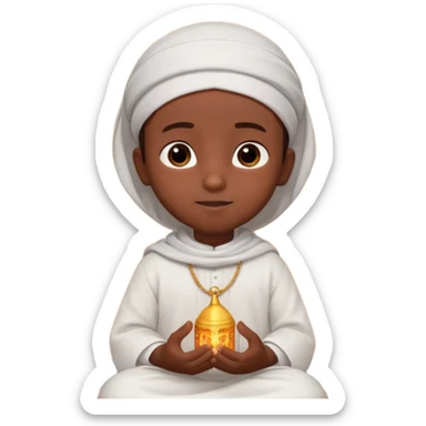 Personnage 3D mignon en style Pixar, un petit garçon portant un qamis blanc et un kufi, tenant un tapis de prière, entouré de lanternes brillantes, fond doux, couleurs chaudes, garçon teint noir sticker