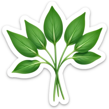single sprig or small cluster of wild garlic leaves with smooth elongated lance-shaped blades, rich vibrant green color, soft central veins, fresh slightly glossy surface, gently arching from slender stems, no roots or soil, apple emoji style, soft lighting, subtle shadows, emoji scale sticker